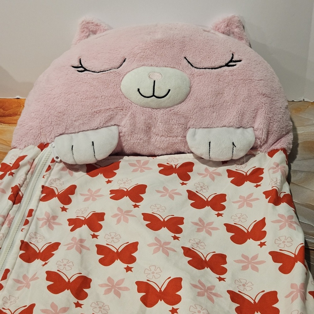 Happy Nappers Pink Cat Sleeping Bag Pillow Kids Butterfly Print Plush